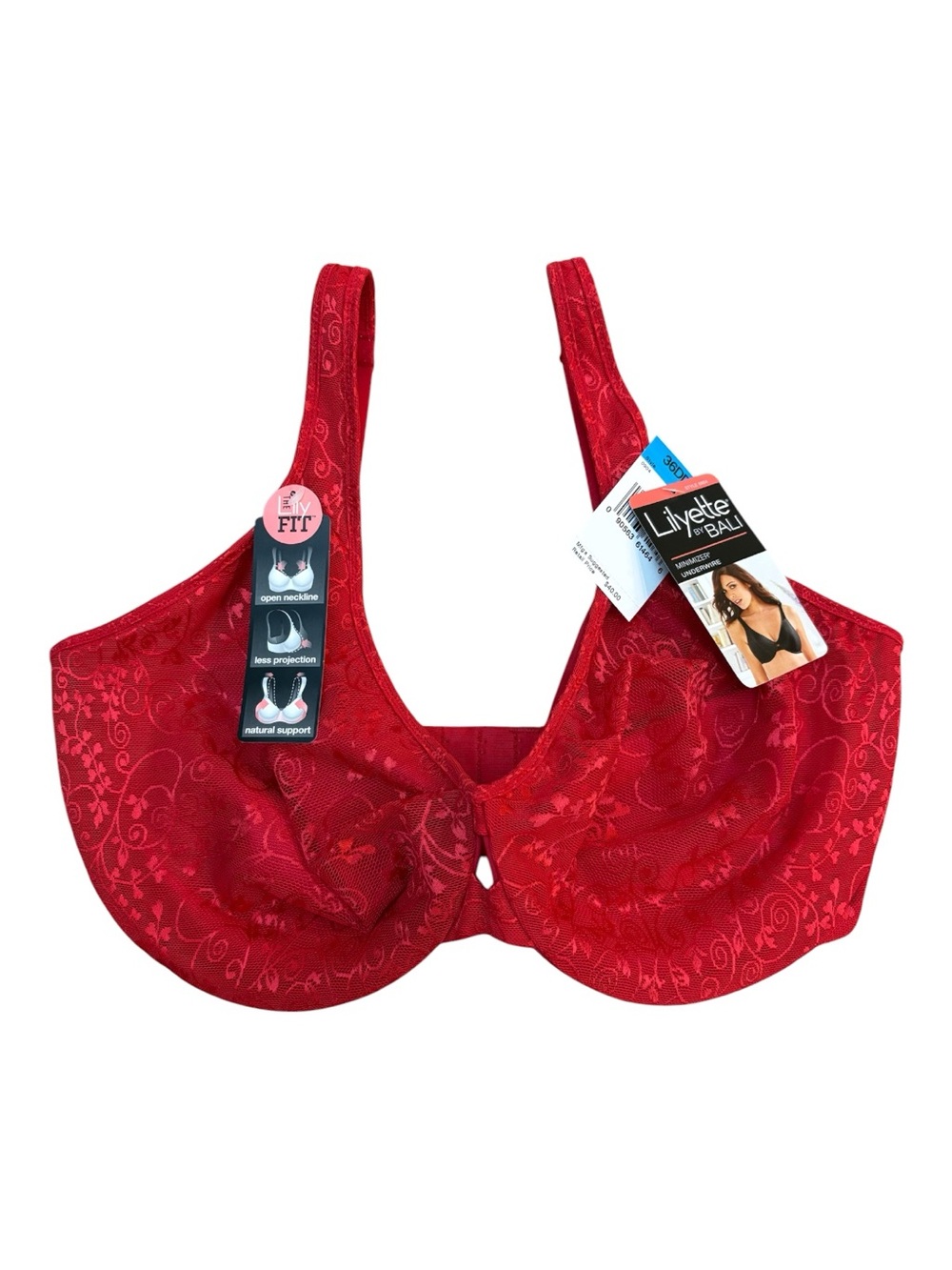 NWT Lilyette by Bali Red Lace Minimizer Underwire Bra 36DDD Lily Fit 0904